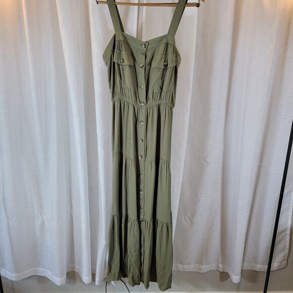 BB Dakota by Steve Madden Tiered Maxi Dress Green Button Front Sleeveless Size L - Picture 1 of 5